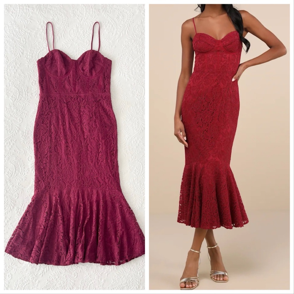 NWT Lulus Found Your Love Wine Red Lace Sleeveless Trumpet Midi Dress Large